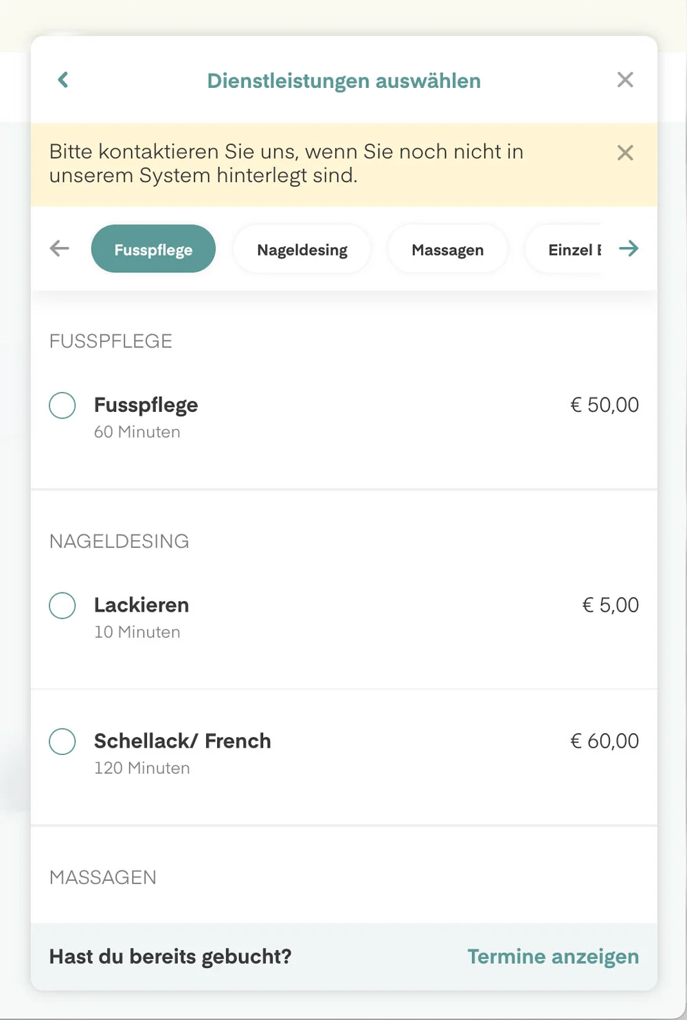 Integration eines externen Terminbuchungssystems für Fußpflege und Kosmetik Webseite