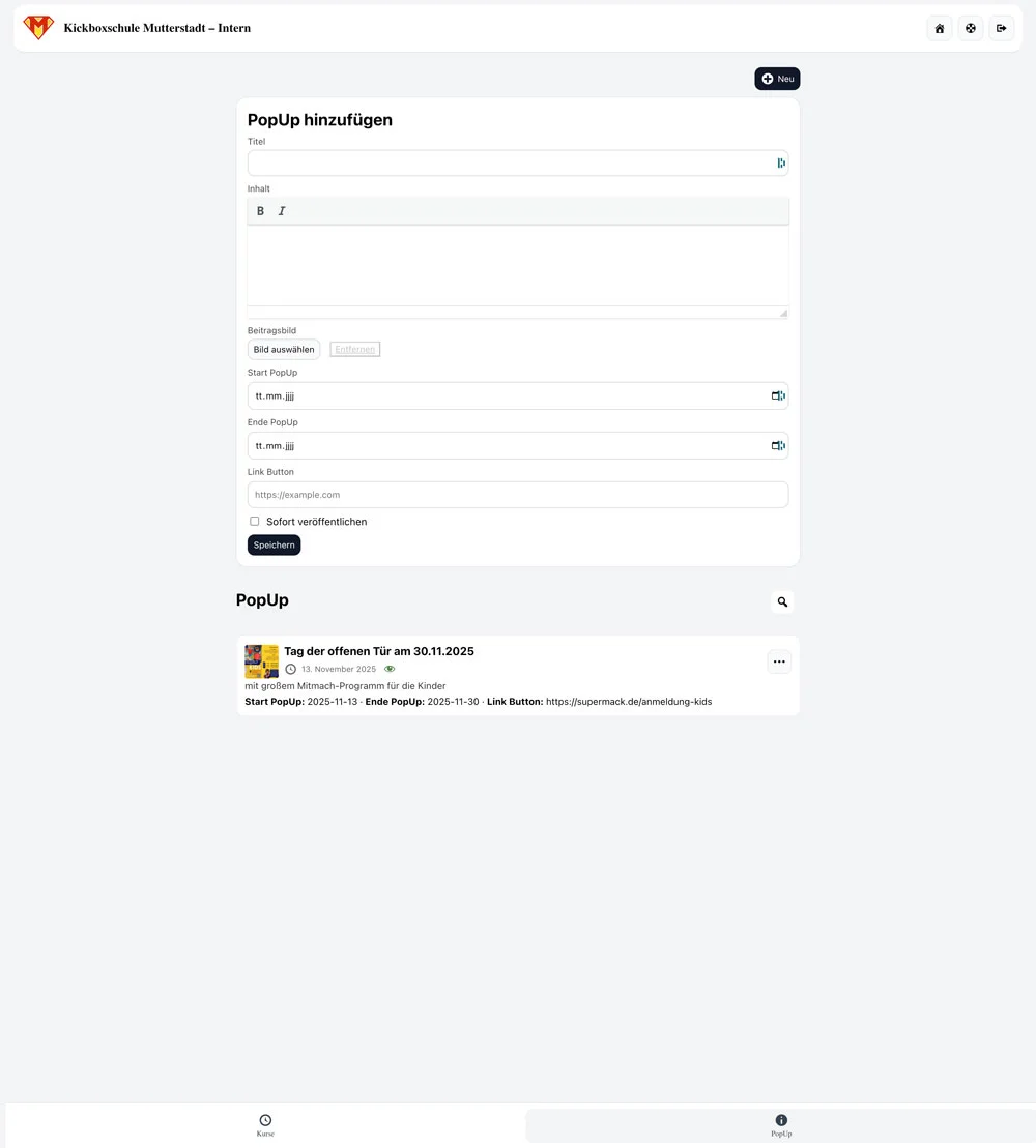 Individuell entwickelte News-Verwaltung als PopUp-System