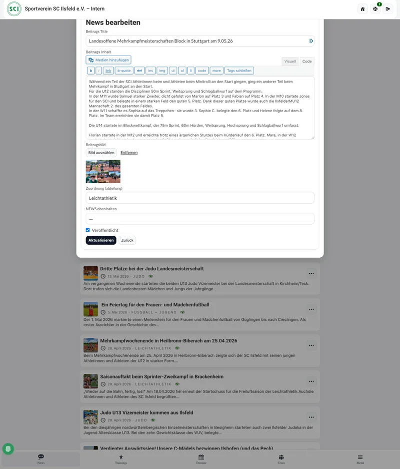 Interner Newsbereich mit Editor